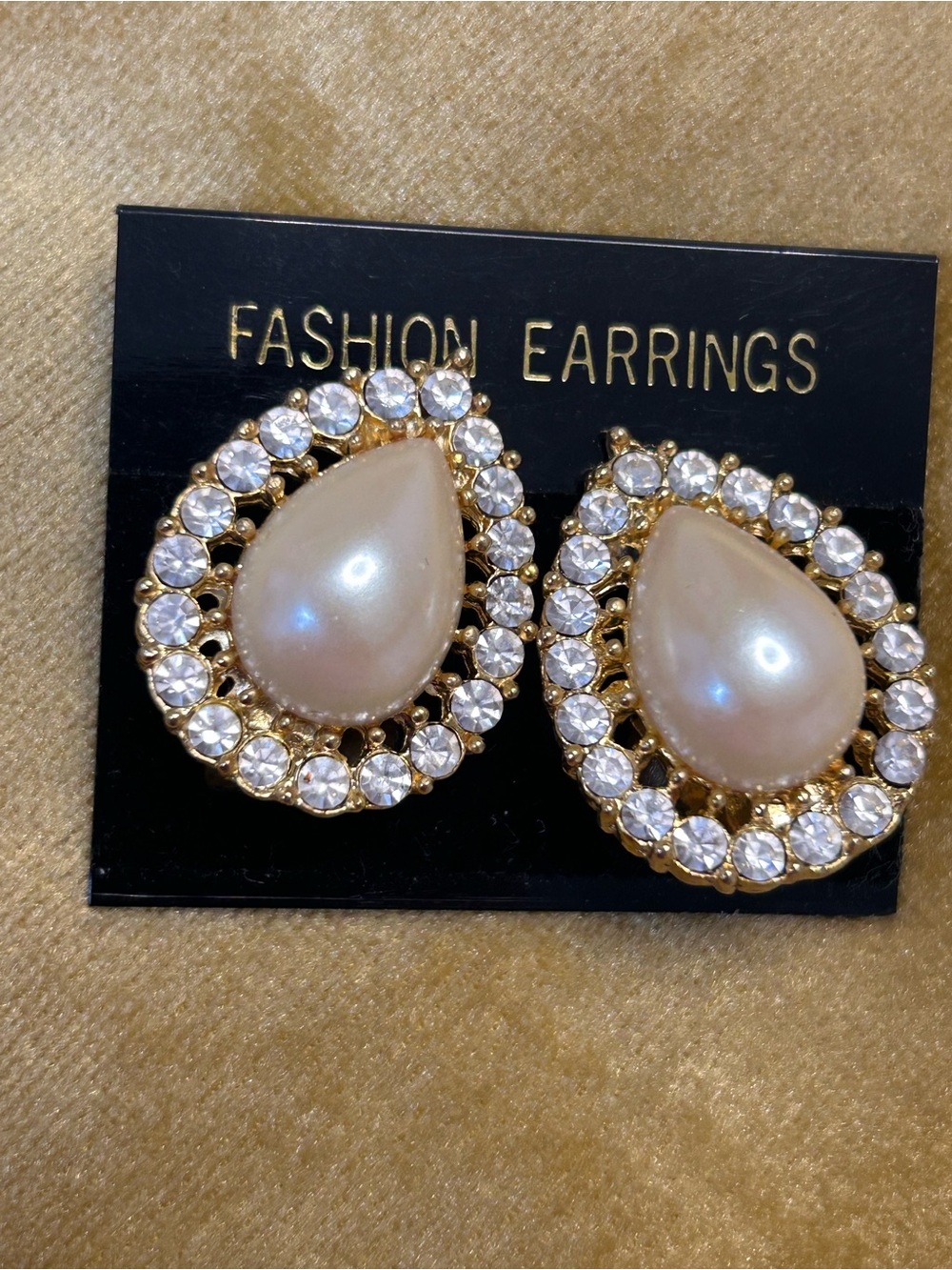 Pearl Teardrop Crystal Halo Earrings - Gold Tone